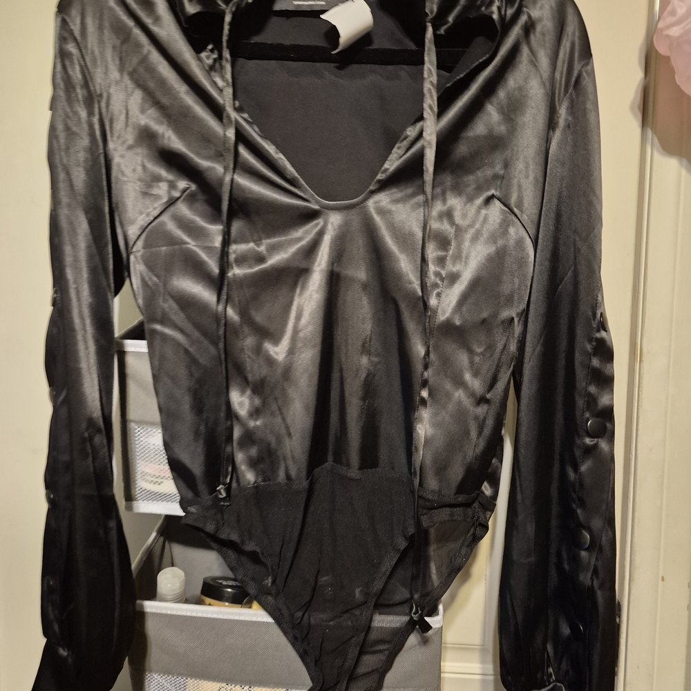 AKIRA Black Satin Bodysuit with White Tag Detail